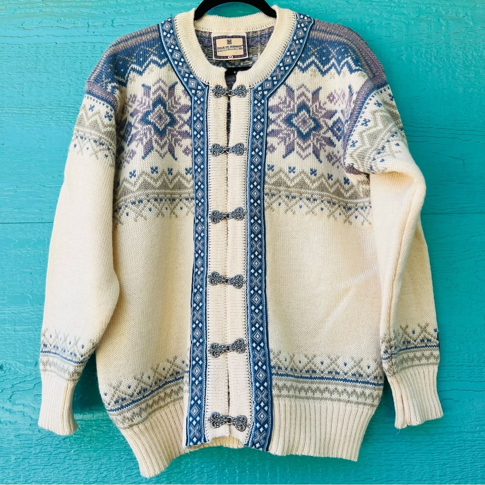 Classic Dale of Norway Fair Isle Cardigan — Cream w/ Blue & Purple